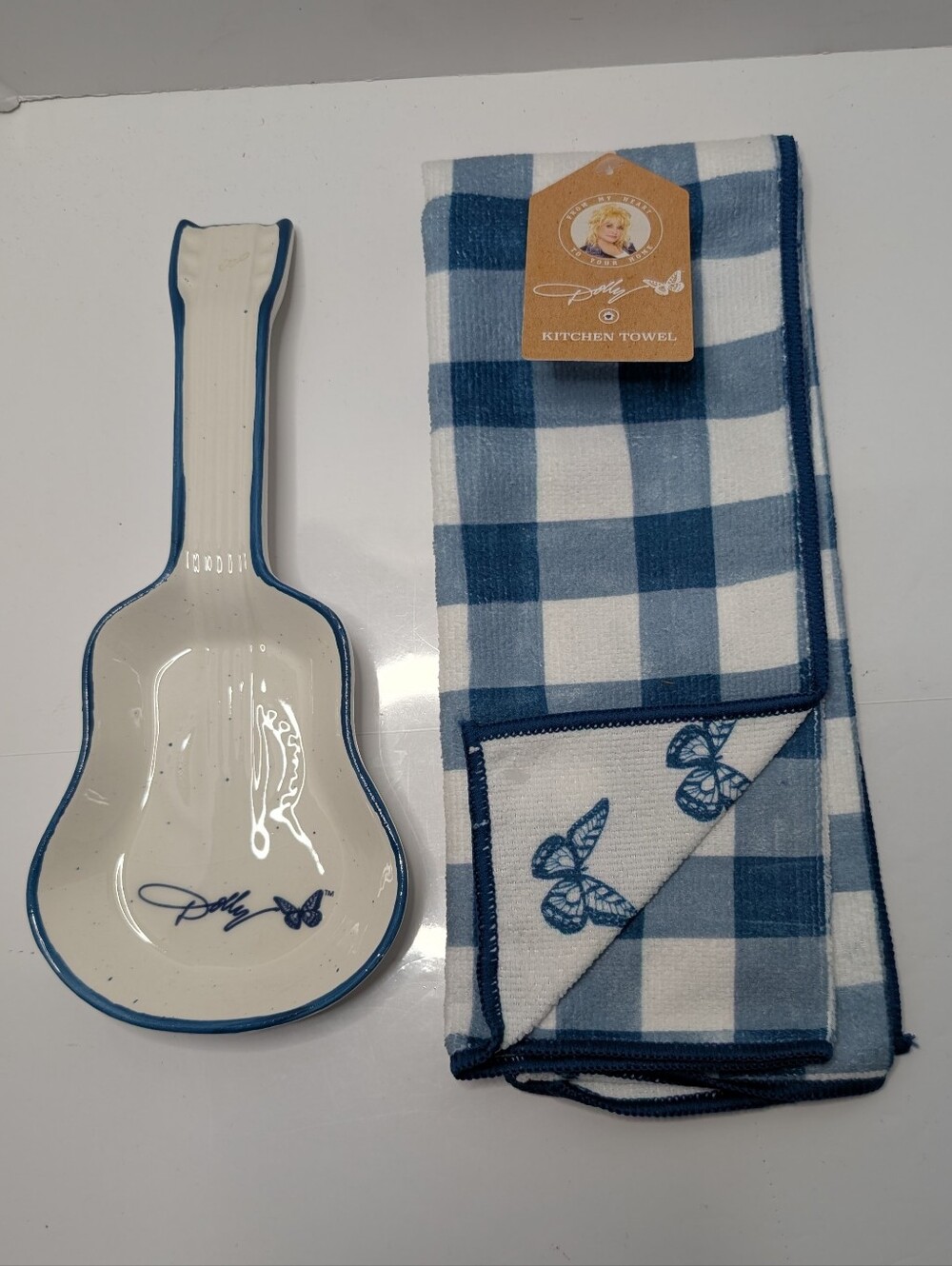 Dolly Parton Blue Check Kitchen Towel with Ceramic Spoon Rest